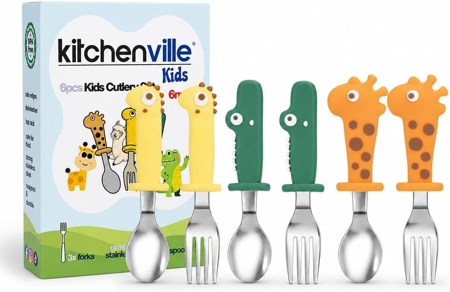 Kitchenville™ Kids Silverware Set — 6-Piece Stainless Steel Flatware (3 Forks + 3 Spoons)